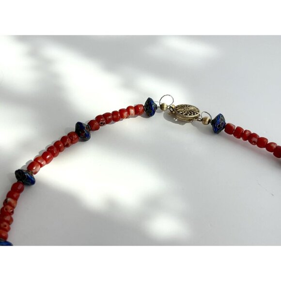 Coral & Blue Cloisonne Floral Beaded Vintage Sterling Silver 925 Necklace 15.5" - Picture 8 of 10